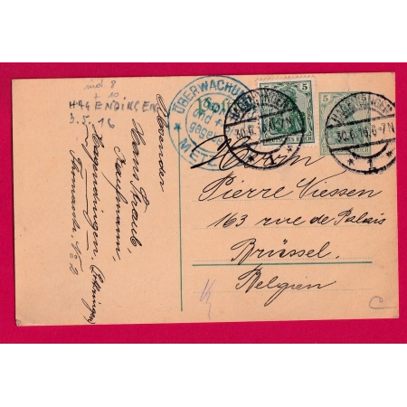 ENTIER GERMANIA 5PF + 5PF HAGENDINGEN HAGONDANGE MOSELLE 1916 CENSURE ALLEMANDE METZ POUR BRUXELLE BELGIQUE LETTRE COVER