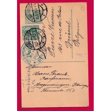 ENTIER GERMANIA 5PF + 5PF HAGENDINGEN HAGONDANGE MOSELLE 1916 CENSURE ALLEMANDE METZ POUR BRUXELLE BELGIQUE LETTRE COVER