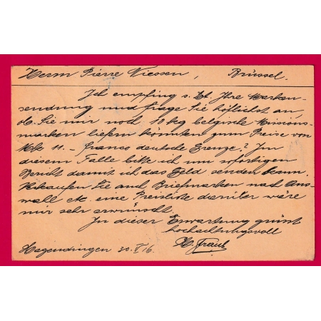 ENTIER GERMANIA 5PF + 5PF HAGENDINGEN HAGONDANGE MOSELLE 1916 CENSURE ALLEMANDE METZ POUR BRUXELLE BELGIQUE LETTRE COVER