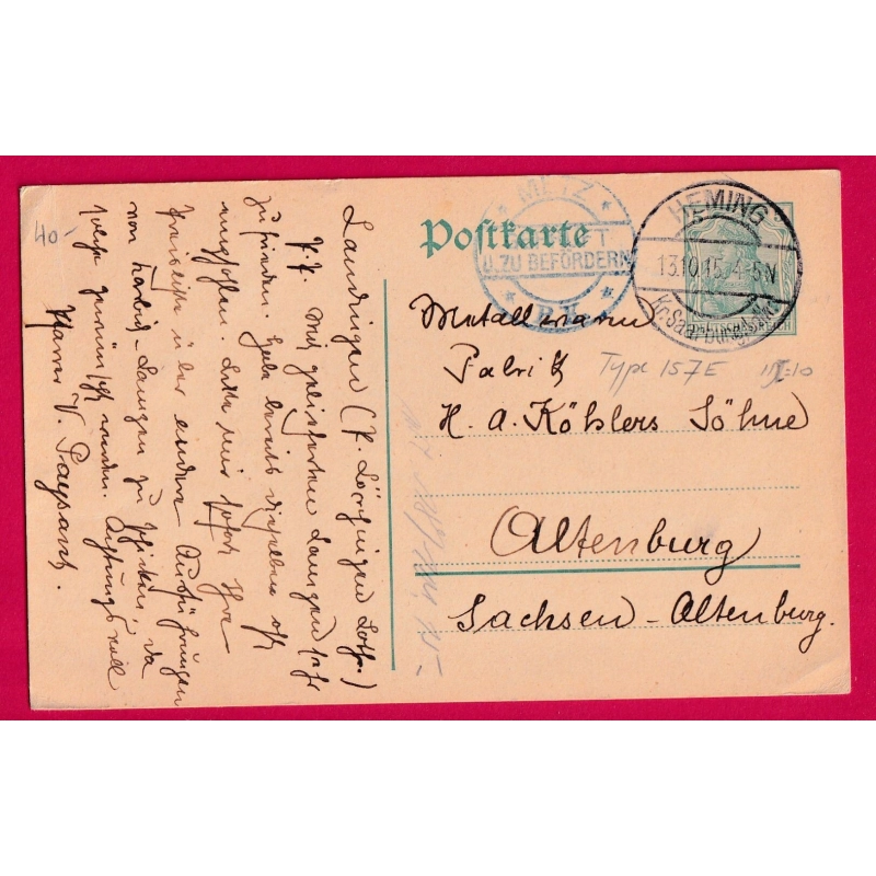 ENTIER GERMANIA 5PF HEMINF MOSELLE 1915 CENSURE ALLEMANDE METZ POUR ALTENBURG PRUSSE LETTRE COVER