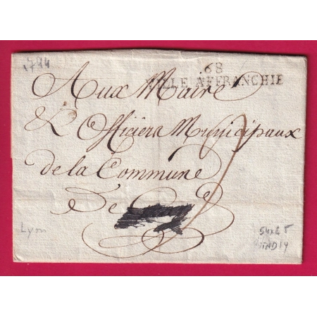 MARQUE REVOLUTIONNAIRE 68 VILLE AFFRANCHIE LYON RHONE 1794 POUR GRAY HAUTE SAONE INDICE 14 LETTRE COVER