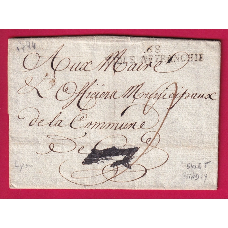 MARQUE REVOLUTIONNAIRE 68 VILLE AFFRANCHIE LYON RHONE 1794 POUR GRAY HAUTE SAONE INDICE 14 LETTRE COVER