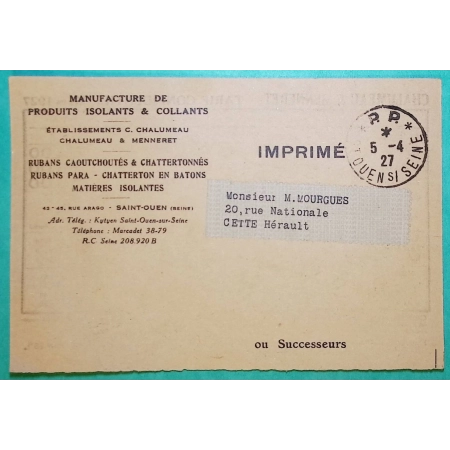CACHET PP PORT PAYE ST OUEN SUR SEINE CARTE PUB IMPRIME MANUFACTURE DE PRODUITS ISOLANTS ET COLLANTS 1927 COVER FRANCE
