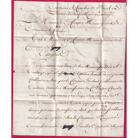 MARQUE REVOLUTIONNAIRE 68 VILLE AFFRANCHIE LYON RHONE 1794 POUR GRAY HAUTE SAONE INDICE 14 LETTRE COVER