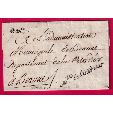 FRANCHISE MINISTRE DE L'INTERIEUR 1ER DIVISION POUR BEAUNE COTE D'OR PERIODE REVOLUTIONNAIRE LETTRE COVER