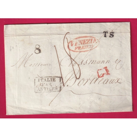 MARQUE OVALE FRANCO VENEZIA VENISE 1838 POUR BORDEAUX ENTREE ITALIE PAR ANTIBES VAR LETTRE COVER