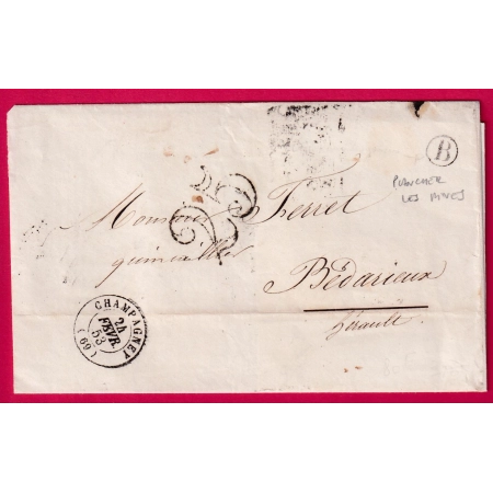 CAD TYPE 15 CHAMPAGNEY HAUTE SAONE BOITE RURALE B PLANCHER LES MINES POUR BEDARIEUX HERAULT 1853 LETTRE COVER