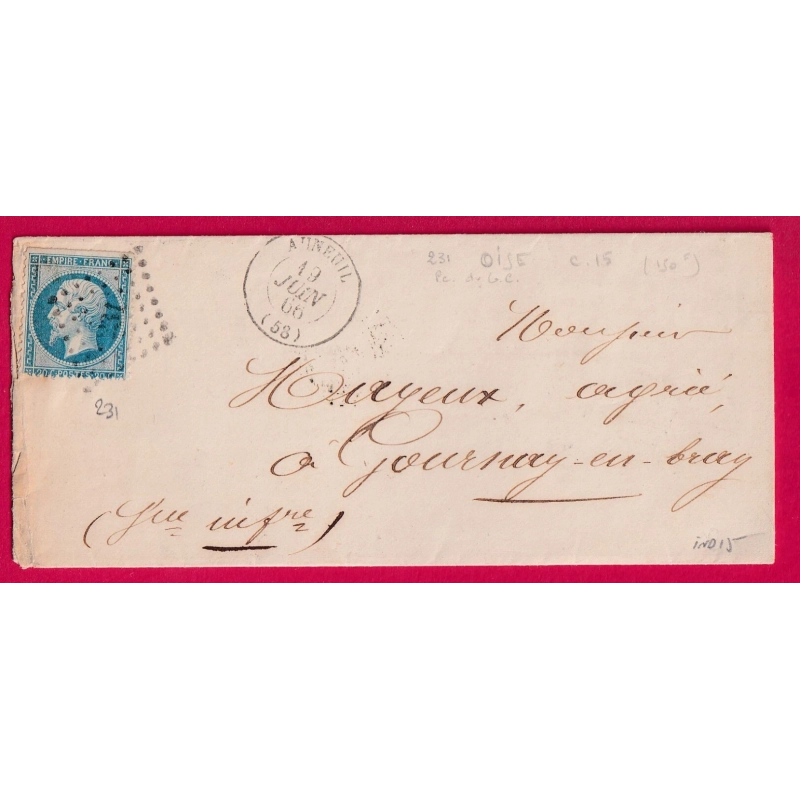 N°22 PC DU GC 231 AUNEUIL OISE POUR GOURNAY EN BRAY SEINE INFERIEURE INDICE 15 LETTRE COVER