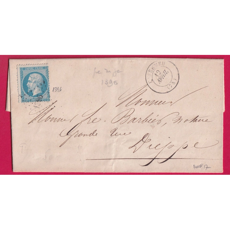 N°22 PC DU GC 1396 EVERMEU SEINE INFERIEURE CAD TYPE 15 INDICE 17 POUR DIEPPE LETTRE COVER