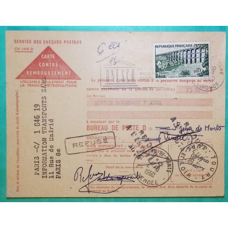 N°1240 CARTE DE REMBOURSEMENT OBLITERATION BORDEAUX GARE UNESCO TOURY EURE ET LOIR REEXP ST JEAN DE MONTS VENDEE 1960