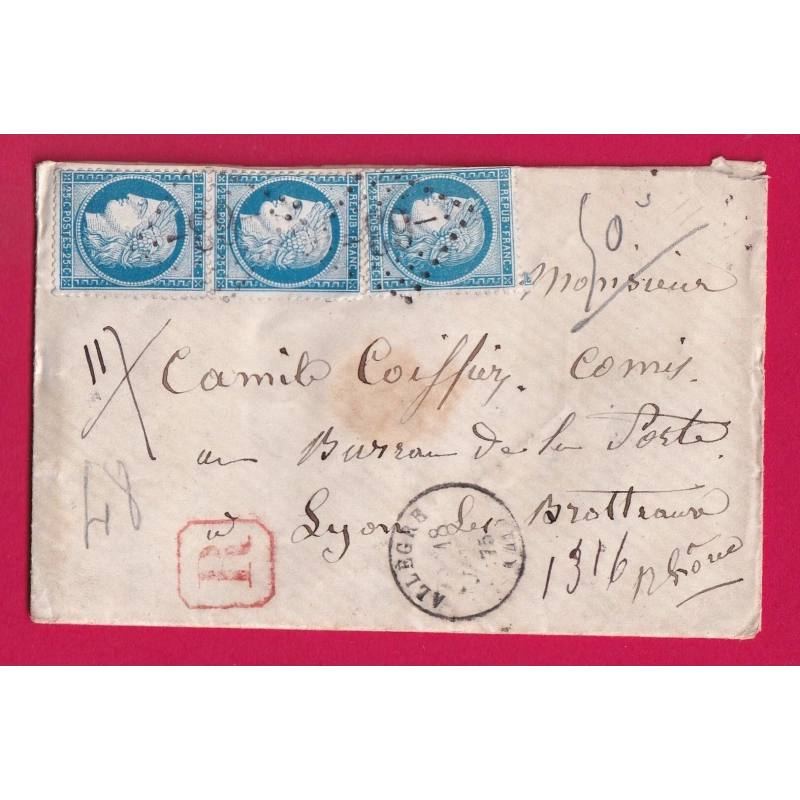 N°60 PAIRE + UN GC 63 ALLEGRE HAUTE LOIRE RECOMMANDE POUR LYON RHONE LETTRE COVER