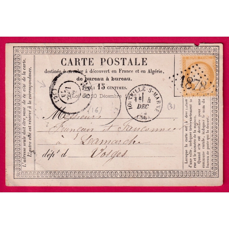 N°55 GC 1878 JOINVILLE SUR MARNE HAUTE MARNE + BUREAU DE PASSE 978 CHAUMONT EN BASSIGNY LAMARCHE VOSGES LETTRE COVER