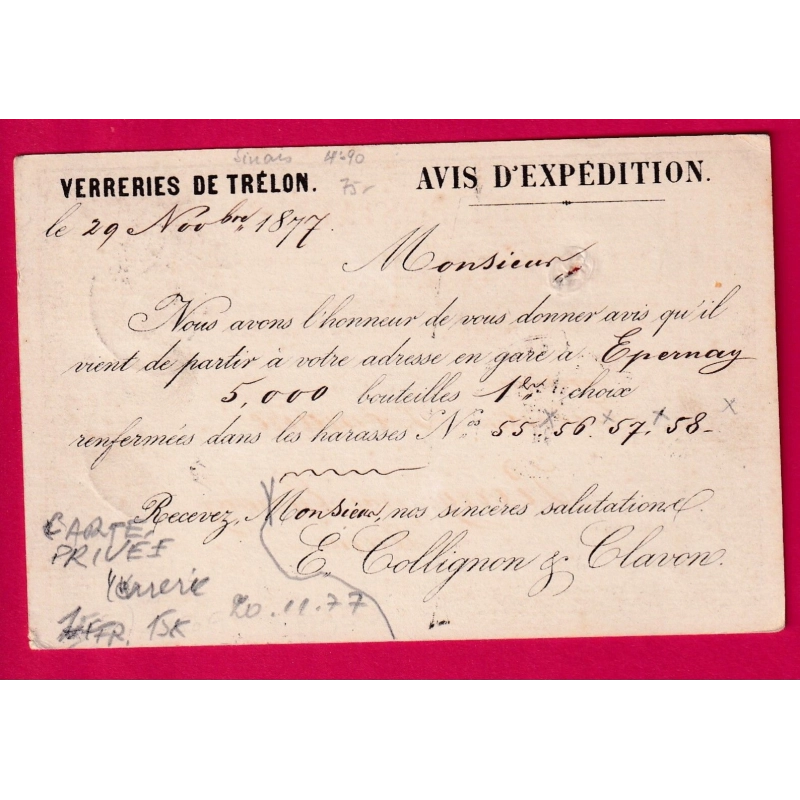 CARTE PRECUSEUR VERRERIES DE TRELON REPIQUAGE PRIVEE 1877 NORD POUR EPERNAY MARNE LETTRE COVER