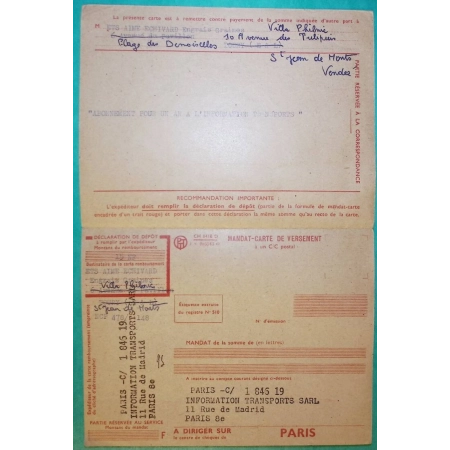 N°1240 CARTE DE REMBOURSEMENT OBLITERATION BORDEAUX GARE UNESCO TOURY EURE ET LOIR REEXP ST JEAN DE MONTS VENDEE 1960