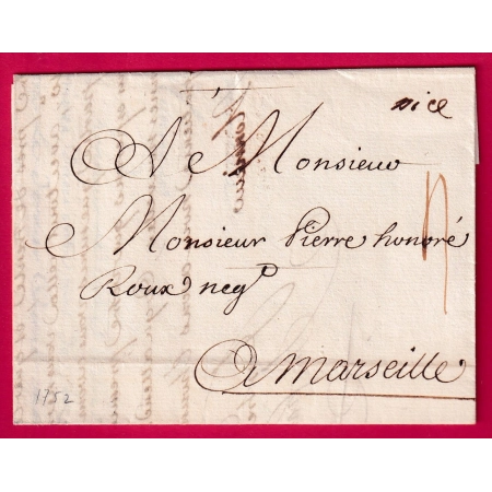 MARQUE MANUSCRIT NICE ALPES MARITIMES 1752 POUR MARSEILLE LETTRE COVER