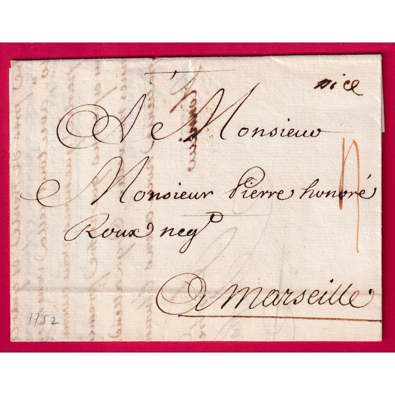 MARQUE MANUSCRIT NICE ALPES MARITIMES 1752 POUR MARSEILLE LETTRE COVER