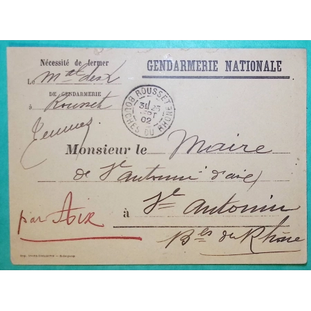 FRANCHISE GENDARMERIE NATIONALE ROUSSET BOUCHES DU RHONE POUR MAIRE DE ST ANTONIN SUR BAYON 1902 LETTRE COVER FRANCE