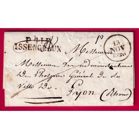 MARQUE P41P ISSENGEAUX HAUTE LOIRE 1828 POUR LYON LETTRE COVER