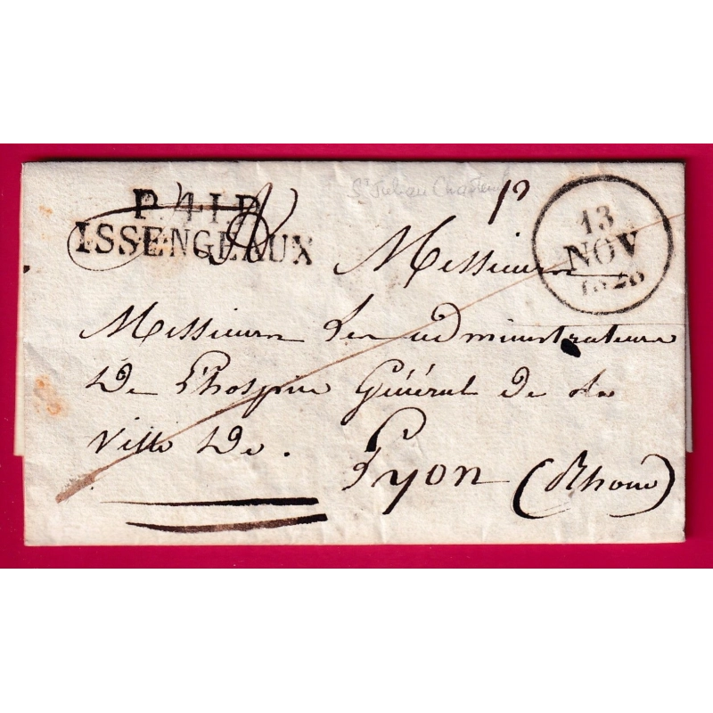 MARQUE P41P ISSENGEAUX HAUTE LOIRE 1828 POUR LYON LETTRE COVER