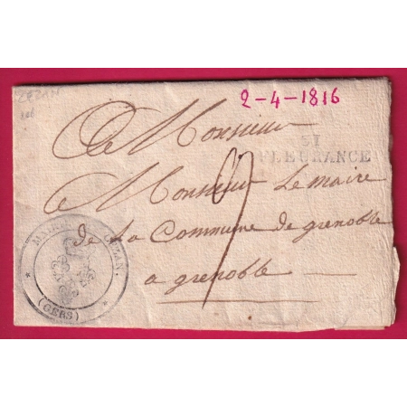 MARQUE 31 FLEURANCE GERS 1816 CACHET FLEUR DE LYS MAIRIE DE CEZAN POUR GRENOBLE ISERE LETTRE COVER