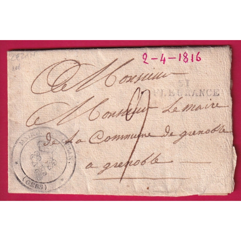 MARQUE 31 FLEURANCE GERS 1816 CACHET FLEUR DE LYS MAIRIE DE CEZAN POUR GRENOBLE ISERE LETTRE COVER