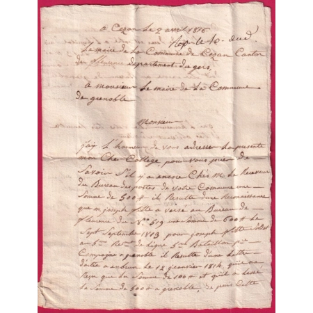 MARQUE 31 FLEURANCE GERS 1816 CACHET FLEUR DE LYS MAIRIE DE CEZAN POUR GRENOBLE ISERE LETTRE COVER