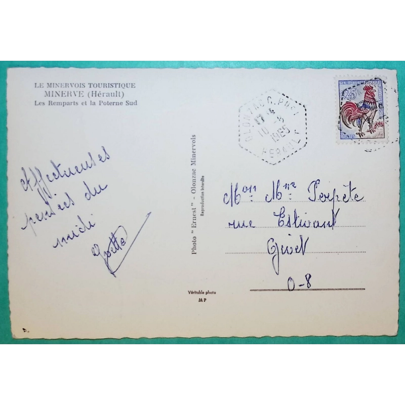 N°1331 COQ DECARIS CACHET MANUEL POSTE AUTOMOBILE OLONZAC CP N°1 HERAULT CARTE POSTALE POUR GIVET ARDENNES 1965 FRANCE