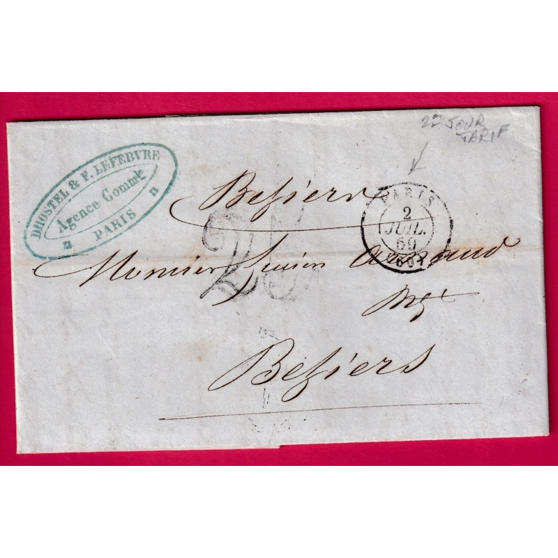 DEUXIEME JOUR TARIF A 25C 2 JUILLET 1850 PARIS POUR BEZIERS HERAULT LETTRE COVER