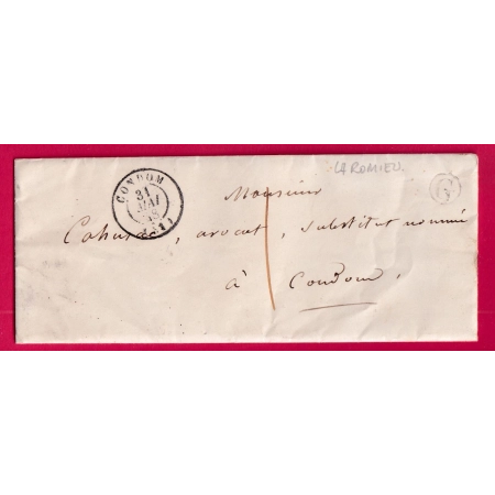 CAD TYPE 15 CONDOM GERS 1848 TAXE LOCALE 1 BOITE RURALE G LA ROMIEU POUR CONDOM LETTRE COVER