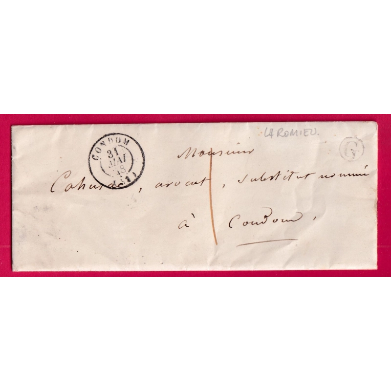 CAD TYPE 15 CONDOM GERS 1848 TAXE LOCALE 1 BOITE RURALE G LA ROMIEU POUR CONDOM LETTRE COVER