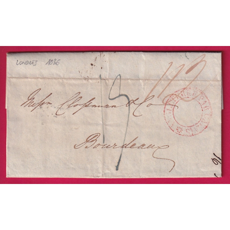 CACHET ENTREE ECHOPPE ANGLETERRE PAR CALAIS LONDRES ANGLETERRE  POUR BORDEAUX LETTRE COVER