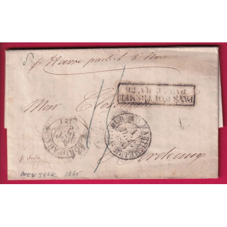 MARQUE ENTREE PAYS OUTREMER PAR LE HAVRE + BUREAU MARITIME DE NEW YORK USA 1835 SEINE INFERIEURE BORDEAUX LETTRE COVER