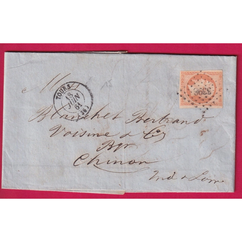 N°16 ORANGE SUR PAILLE PC 3398 TOURS INDRE ET LOIRE POUR CHINON 1861 LETTRE COVER