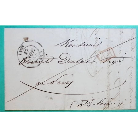 CACHET ESSAI OCTOGONAL LYON RHONE PP PORT PAYE ROUGE POUR LE PUY EN VELAY HAUTE LOIRE 1841 LETTRE COVER FRANCE