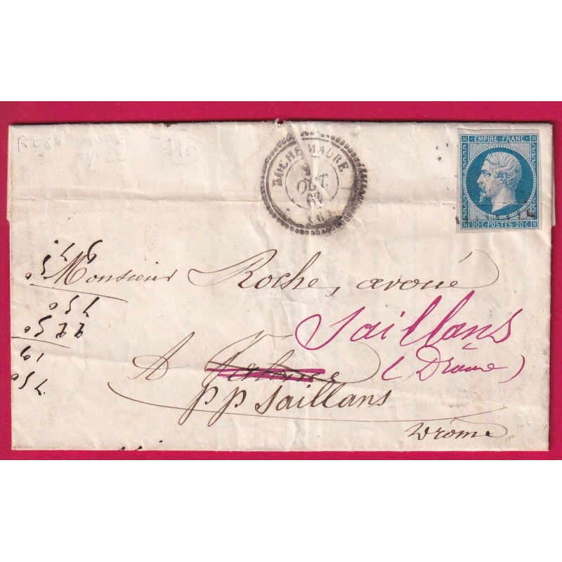 N°14 PC 2707 ROCHEMAURE ARDECHE CAD TYPE 22 POUR VALENCE DROME REEXPEDIEE SAILLANS LETTRE COVER
