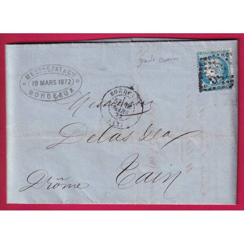 N°60 VARIETE GRANDE CASSURE BORDEAUX GIRONDE 1872 POUR TAIN DROME LETTRE COVER