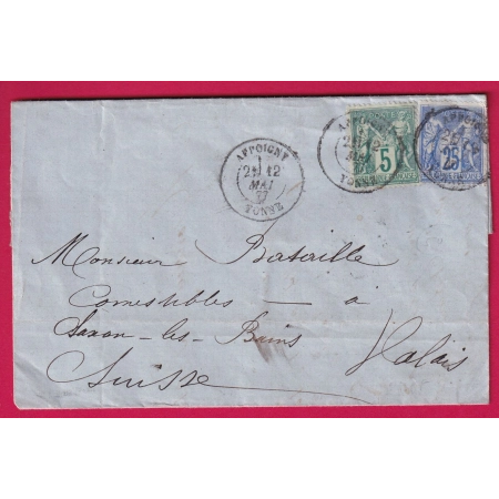 N°75 78 APPOIGNY YONNE POUR SAXON LES BAINS 1877 SUISSE CANTON DU VALAIS LETTRE COVER