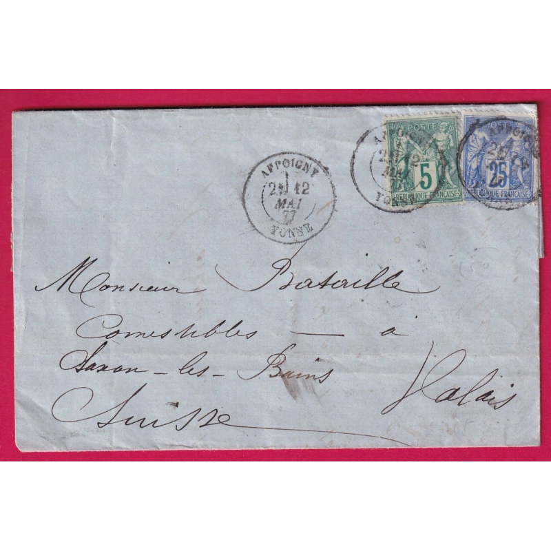 N°75 78 APPOIGNY YONNE POUR SAXON LES BAINS 1877 SUISSE CANTON DU VALAIS LETTRE COVER