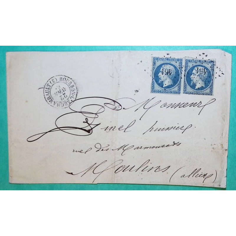 N°14B PAIRE BLEU SUR VERT PC 461 BOURBON L'ARCHAMBAULT ALLIER DOUBLE PORT POUR MOULINS DEVANT DE LETTRE FRONT COVER