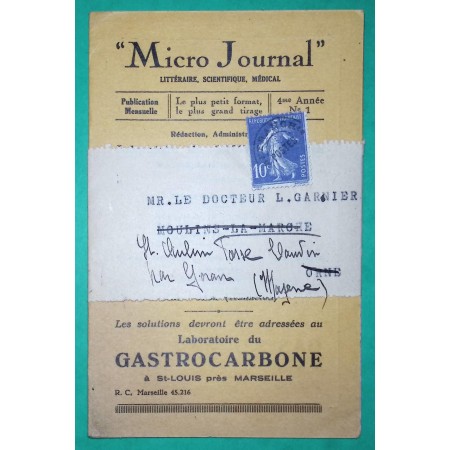 N°279 SEMEUSE PREOBLITERE BANDE DE JOURNAL CARTE PUBLICITAIRE MICROJOURNAL LABORATOIRE MEDICAMENT GASTROCARBONE MARSEILLE