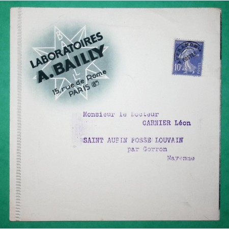 N°279 SEMEUSE PREOBLITERE DOCUMENT PUBLICITAIRE LABORATOIRES BAILLY PARIS MEDICAMENT PULMOSERUM