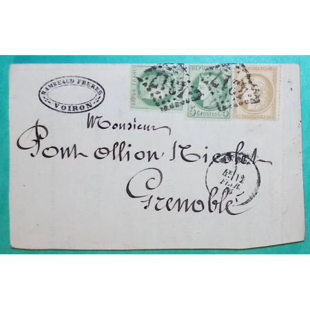 N°53 x2 + 55 CERES GC 4317 VOIRON ISERE TARIF 25C SIMPLE PORT POUR GRENOBLE 1876 DEVANT DE LETTRE FRONT COVER FRANCE