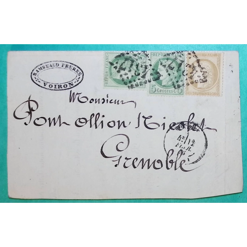 N°53 x2 + 55 CERES GC 4317 VOIRON ISERE TARIF 25C SIMPLE PORT POUR GRENOBLE 1876 DEVANT DE LETTRE FRONT COVER FRANCE