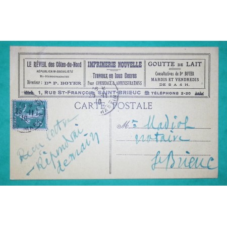 N°137 SEMEUSE CARTE POSTALE PRIVEE PUBLICITE IMPRIMERIE NOUVELLE ST BRIEUC COTES DU NORD 1910