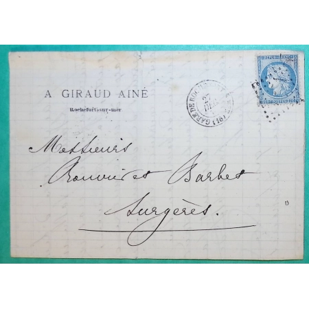 N°60A CAD TYPE 15 GARE DE ROCHEFORT SUR MER CHARENTE INFERIEURE POUR SURGERES 1871 LETTRE COVER FRANCE