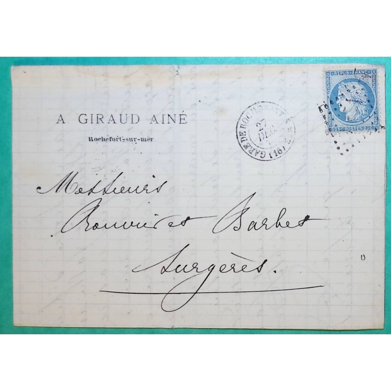N°60A CAD TYPE 15 GARE DE ROCHEFORT SUR MER CHARENTE INFERIEURE POUR SURGERES 1871 LETTRE COVER FRANCE
