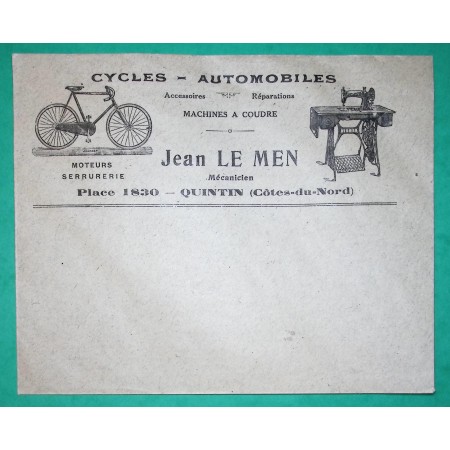 BELLE ENVELOPPE ILLUSTREE PUBLICITES VERSO CYCLES AUTOMOBILES JEAN LE MEN QUINTIN COTES DU NORD NON VOYAGE
