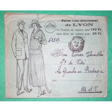 BELLE ENVELOPPE PUB ILLUSTREE COSTUMES CAD IMPRIMES PP LYON PREFECTURE RHONE POUR LA GUERCHE DE BRETAGNE ILLE ET VILAINE 1922