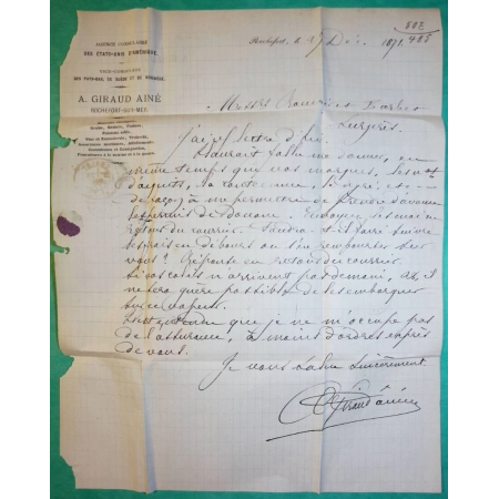 N°60A CAD TYPE 15 GARE DE ROCHEFORT SUR MER CHARENTE INFERIEURE POUR SURGERES 1871 LETTRE COVER FRANCE