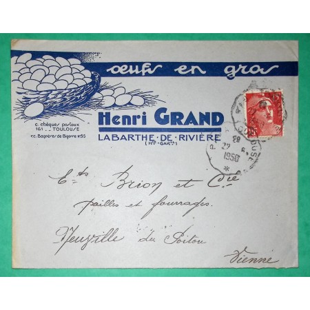N°813 MARIANNE DE GANDON CONVOYEUR LIGNE PAU A TOULOUSE BELLE ENVELOPPE PUB OEUFS EN GROS HENRI GRAND 1950